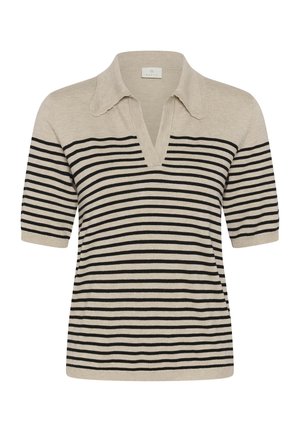 Beiges Kurzarm-Strickoberteil mit schwarzen horizontalen Streifen, tiefem V-Ausschnitt und spitzem Kragen.