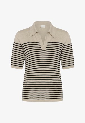 Top beige de punto de manga corta con rayas horizontales negras, escote en V profundo y cuello puntiagudo.