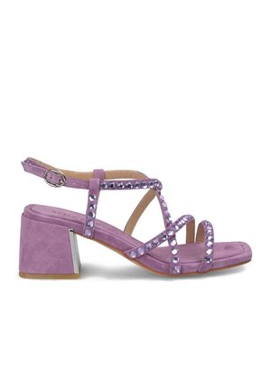 Sandal con tacco in suede viola con più cinturini decorati con accenti gioiello viola. Tacco a blocco con dettaglio metallico argento.