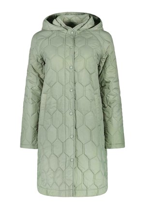 Lichtgroene doorgestikte jas tot aan de knieën met capuchon, drukknoopsluiting en geometrisch honingraatstikselpatroon.