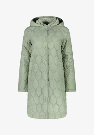 Lichtgroene doorgestikte jas tot aan de knieën met capuchon, drukknoopsluiting en geometrisch honingraatstikselpatroon.