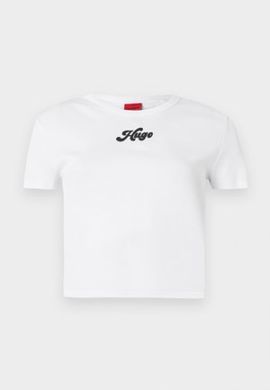 White cotton short-sleeve T-shirt featuring a rounded neckline and black "Hugo" lettering at the center. Smooth texture, simple design.