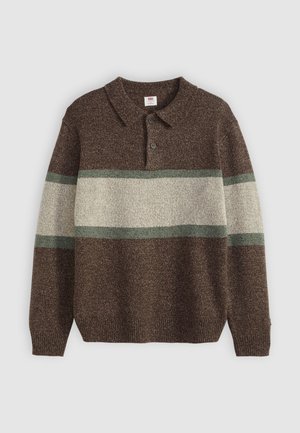 Brown knitted pullover with a collar and three buttons. Features wide beige and green horizontal stripes. Textured fabric with ribbed cuffs.