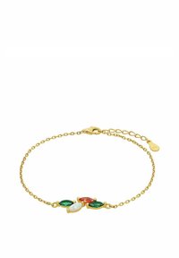 Delikat guldkedja armband med fyra marquise-formade ädelstenar i grönt, vitt och orange, utrustad med ett justerbart lås.