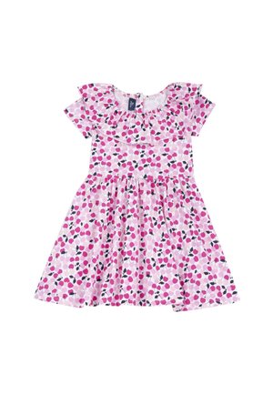 Baumwollkleid mit kurzen Rüschensäumen, rosa Grundfarbe und einem gepunkteten Muster in verschiedenen Schattierungen von Rosa und Schwarz. Mit Reißverschluss hinten.