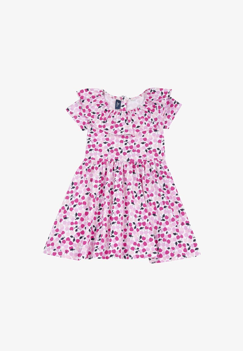 Robe en coton avec des manches courtes à volants, base rose, et un motif à pois dans des nuances variées de rose et de noir. Fermeture à glissière au dos.