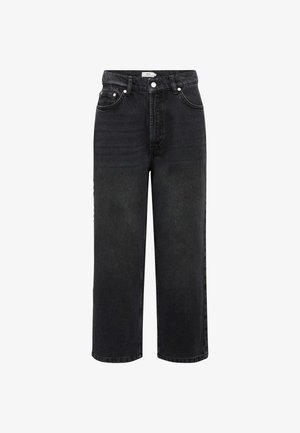 Zwarte denim culottes met een hoge taille, vijf zakken en een rechte pasvorm. Bevat subtiele vervaging en een knoopsluiting.