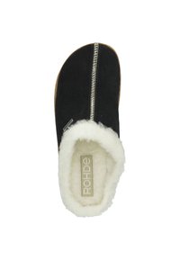 Zapatilla de ante negra con un forro de piel sintética color crema, que presenta una cremallera plateada en contraste y una suela beige. Nombre de la marca visible en la plantilla.