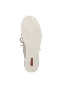 White rubber shoe sole with textured grip pattern. Features a subtle brand logo in red and a minimalist design with no prominent details.