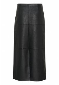 Falda midi de cuero negro con una textura suave y diseño panelado. Presenta un corte recto y es de longitud hasta el tobillo, con un brillo sutil.