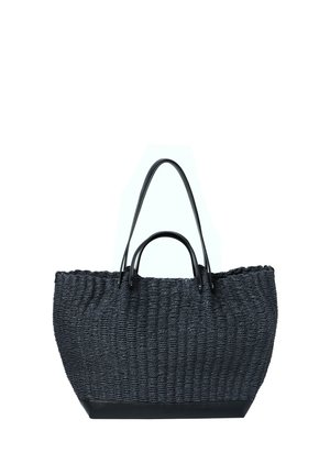 Black woven tote bag with leather handles, featuring two short and one long strap for shoulder or hand carry.