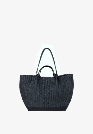 Zwarte geweven tote tas met leren handvatten, voorzien van twee korte en één lange riem voor schouder- of handgebruik.