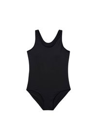 Maillot de bain noir une pièce fabriqué en tissu lisse et extensible. Il présente un décolleté rond, des bretelles larges et des ouvertures de jambes de coupe moyenne.