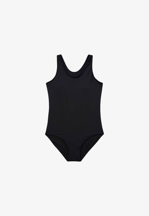 Maillot de bain noir une pièce fabriqué en tissu lisse et extensible. Il présente un décolleté rond, des bretelles larges et des ouvertures de jambes de coupe moyenne.