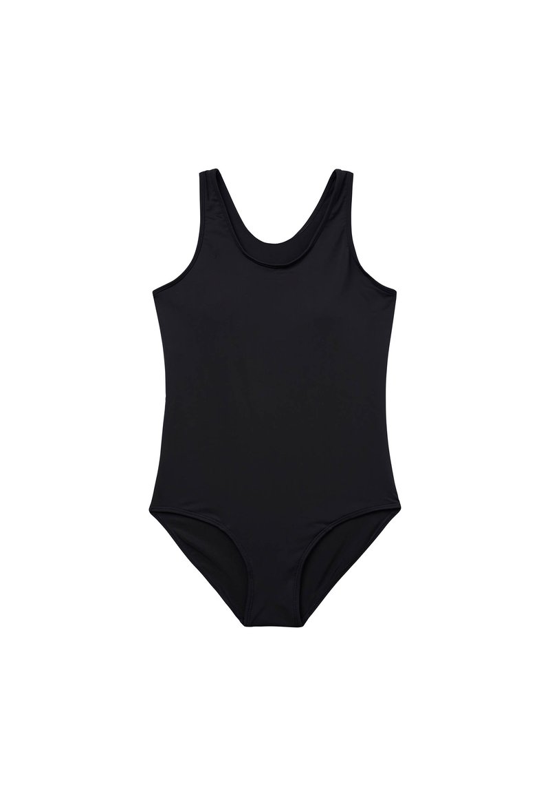 Maillot de bain noir une pièce fabriqué en tissu lisse et extensible. Il présente un décolleté rond, des bretelles larges et des ouvertures de jambes de coupe moyenne.