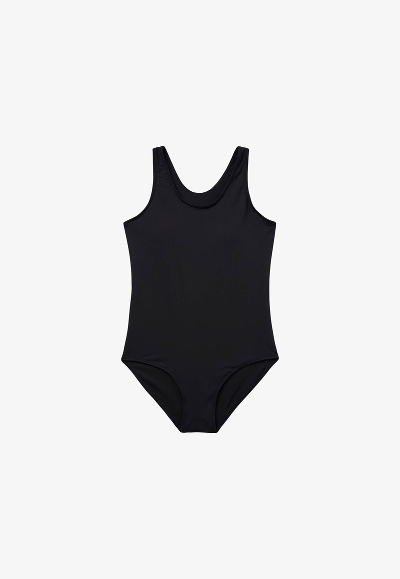Maillot de bain noir une pièce fabriqué en tissu lisse et extensible. Il présente un décolleté rond, des bretelles larges et des ouvertures de jambes de coupe moyenne.