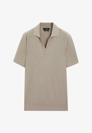 Polo beige à manches courtes avec un design texturé, col en V et bords côtelés. Forme simple et moderne sans motifs visibles ni quincaillerie.