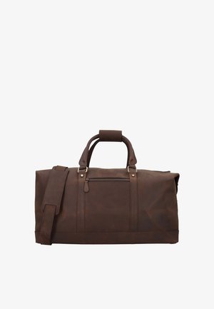 Smeđa kožna torba za putovanje s podstavljenim ručkama, podesivim remenom za rame i prednjim džepom s patentnim zatvaračem na jednostavnoj bijeloj pozadini.