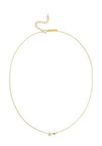 Collana in tono oro con una delicata catena, caratterizzata da un piccolo ciondolo a stella con un accento trasparente e una minuscola stella. Chiusura regolabile.