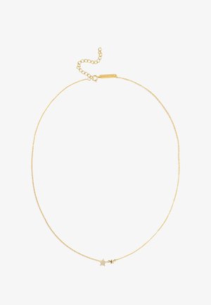 Guldtonet halskæde med en delikat kæde, der har en lille stjerne charm med en klar accent og en lille stjerne. Justerbar lukning.