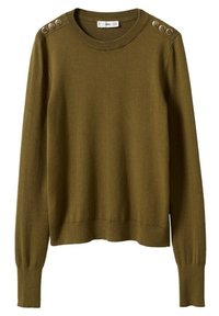 Pull en maille vert olive avec encolure ronde, manches longues et boutons décoratifs sur l'épaule. Texture douce, poignets et ourlet côtelés.