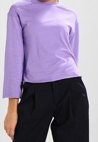 Maglietta a maniche lunghe di colore viola chiaro con collo rotondo e vestibilità rilassata, realizzata in tessuto morbido, presenta un orlo leggermente accorciato e spalle senza cuciture.