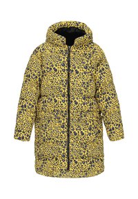 Gul puffjacka med svart och lila leopardmönster, utrustad med huva, framzipper och sidofickor. Mjuk, vadderad textur genom hela plagget.