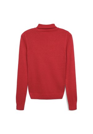Pull en col roulé rouge en maille douce et texturée. Il présente un col haut et des manches longues avec des bords-côtes aux poignets et à l'ourlet.