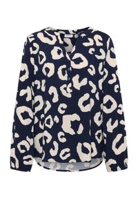 Marineblauwe blouse met leopardprint in crèmekleur. Kenmerken zijn een zachte stof, ronde halslijn, lange mouwen met elastische manchetten en een knoopsluiting.
