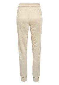 Beige joggerbroek met elastische taille, geribde boorden en een gladde stoftextuur, gezien van achteren.