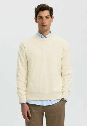 Giovane uomo che indossa un maglione crema a maglia sopra una camicia azzurro chiaro con colletto e pantaloni marroni, in piedi davanti a uno sfondo chiaro uniforme.