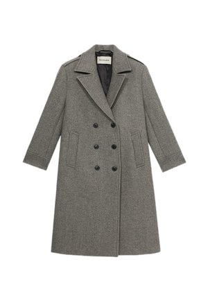 Grauer Wollsakko mit doppelter Knopfleiste, Reverskragen, zwei vorderen Taschen und schwarzen Knöpfen; glatte Textur und knielanges Design.