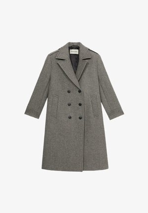Šedý vlněný kabát na dvouřadové zapínání s klopovým límcem, dvěma předními kapsami a černými knoflíky; hladká textura a délka po kolena.