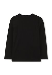 T-shirt noir à manches longues avec un col rond, fabriqué en coton lisse et extensible. Design simple, sans logos ni motifs visibles.