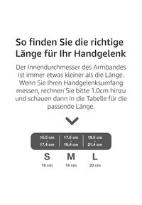 Guidelines for measuring wrist size with inner diameter details. Includes size ranges: S (15.5-17.4 cm), M (17.5-19.4 cm), L (19.5-21.4 cm).