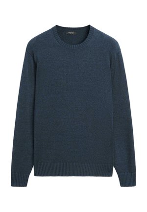 Dunkelblauer gestrickter Pullover mit rundem Ausschnitt, gerippten Bündchen und Saum, aus weichem Stoff gefertigt und mit einer strukturierten Oberfläche versehen.