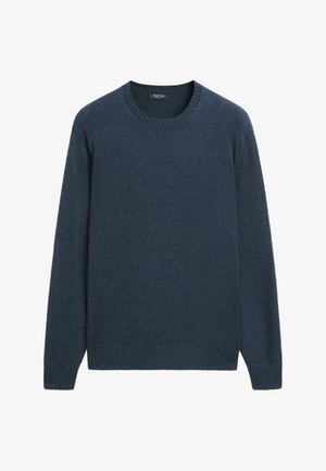 Dunkelblauer gestrickter Pullover mit rundem Ausschnitt, gerippten Bündchen und Saum, aus weichem Stoff gefertigt und mit einer strukturierten Oberfläche versehen.