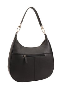 Zwarte leren schoudertas met een gebogen vorm, verfraaid met een rits van goudkleurige hardware en een platte vo pockets. Gladde textuur en stevige schouderband.