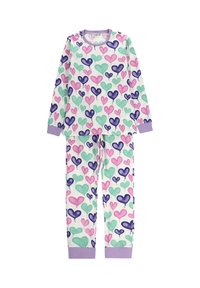 Piżama z długim rękawem, uszyta z miękkiego materiału, w wzór kolorowych serc w odcieniach różu, zieleni i purpury na białym tle. Fioletowe mankiety i dekolt.