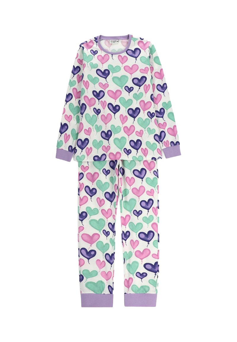 Piżama z długim rękawem, uszyta z miękkiego materiału, w wzór kolorowych serc w odcieniach różu, zieleni i purpury na białym tle. Fioletowe mankiety i dekolt.
