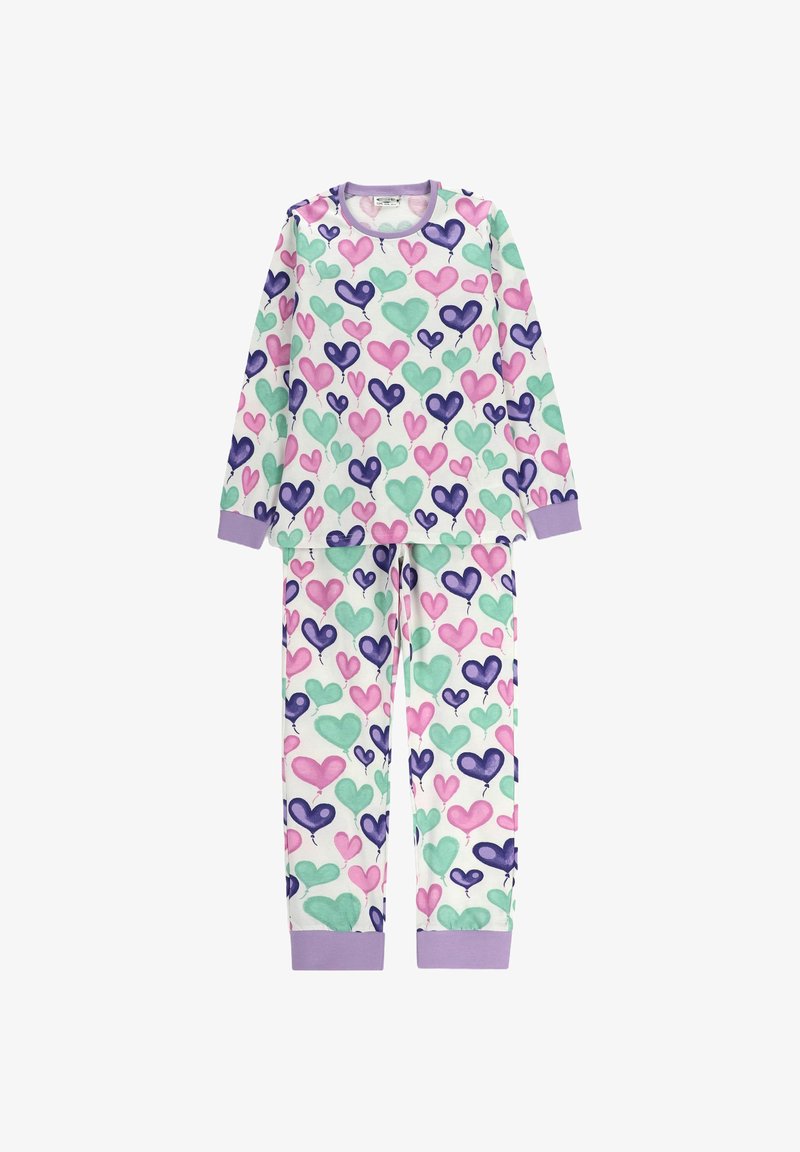 Piżama z długim rękawem, uszyta z miękkiego materiału, w wzór kolorowych serc w odcieniach różu, zieleni i purpury na białym tle. Fioletowe mankiety i dekolt.