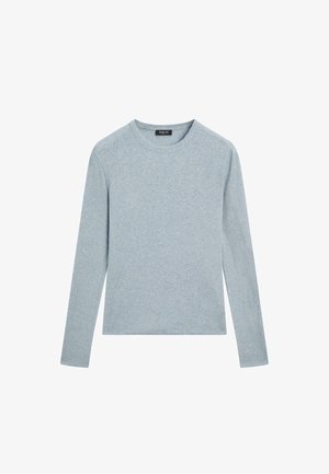 Helles blaues, langärmliges T-Shirt aus weichem Material. Klassischer Rundhalsausschnitt mit gerippten Details an den Bündchen und dem Saum. Einfaches Design.