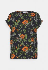 Camisola preta de manga curta com um padrão floral vibrante em tons de laranja e verde. Feita de um tecido suave com um corte descontraído e decote redondo.
