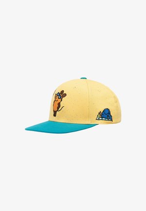 Yellow cap with turquoise brim, featuring embroidered cartoon characters. Textured fabric with small speckles, structured fit.