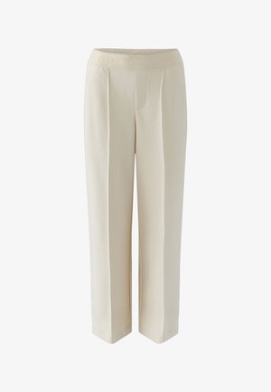 Beige, high-waisted trousers with a wide leg design, featuring a textured waistband and front pleats for added detail.
