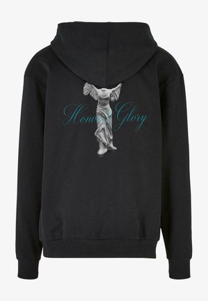Mustapaita, jossa on huppu, selässä graafinen kuva siivekkäästä patsaasta ja teksti "Honor & Glory" turkoosina. Puuvillasekoitetta.