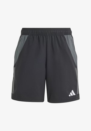 Zwarte sportshorts met een rekbare tailleband, voorzien van grijze zijaccenten en reflecterende strepen. Gemaakt van lichtgewicht, ademend materiaal.