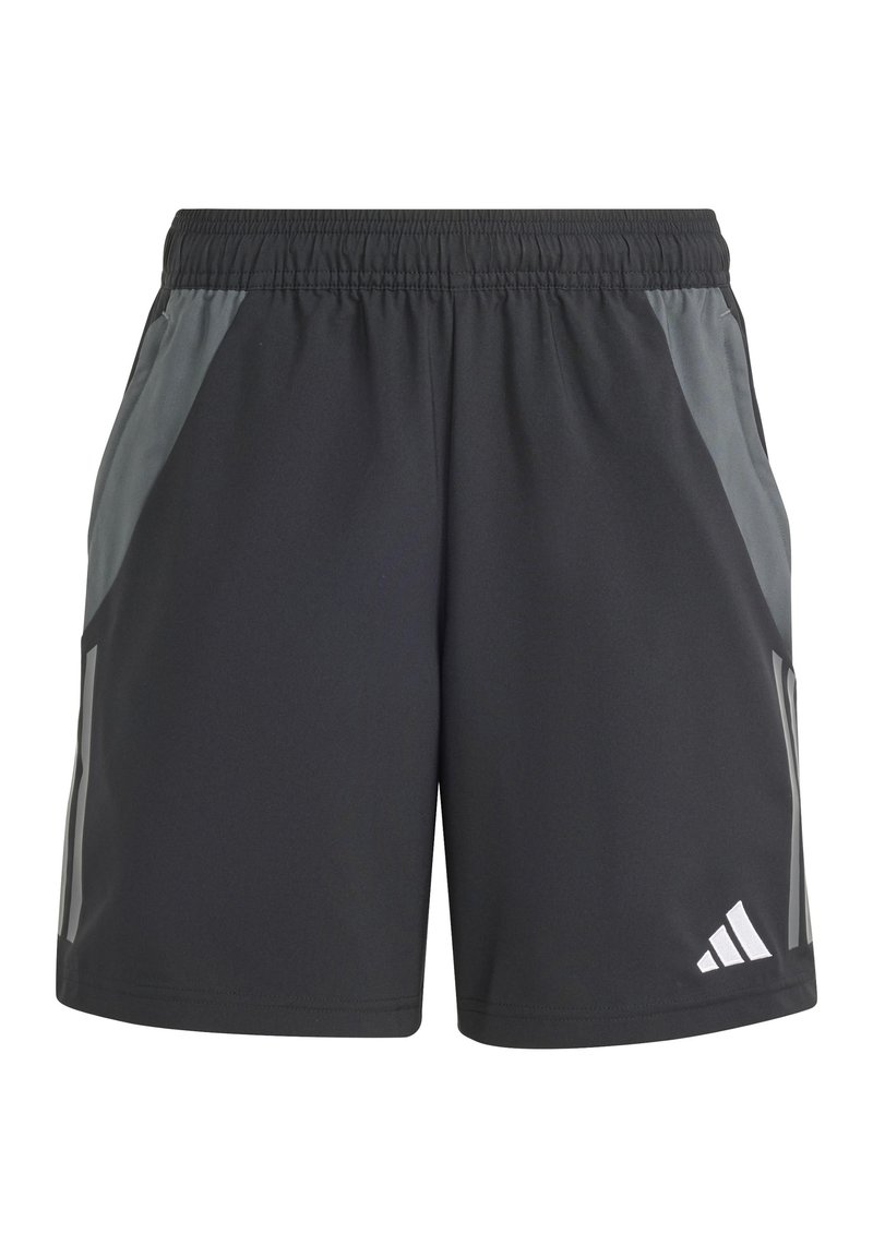 Zwarte sportshorts met een rekbare tailleband, voorzien van grijze zijaccenten en reflecterende strepen. Gemaakt van lichtgewicht, ademend materiaal.