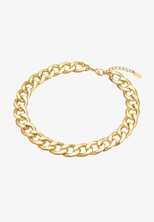 Gold chain necklace featuring large, linked oval-shaped segments with a shiny finish. Includes a clasp and adjustable extension chain.