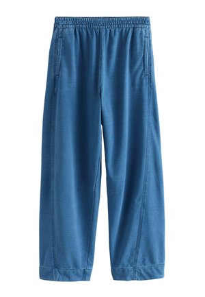 Blue elastic-waist sweatpants with side pockets, straight legs, and visible stitching details on a white background.